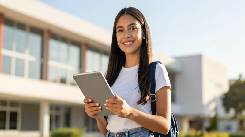 Estudiante mexicano exitoso con tablet en campus brillante