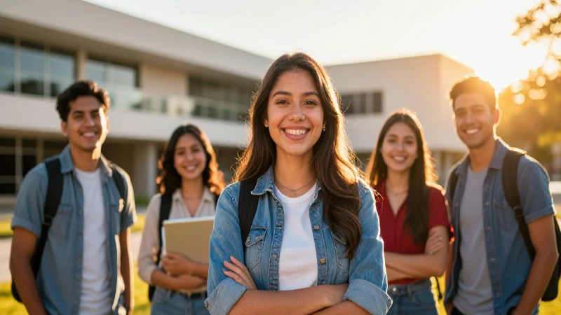 Estudiante mexicano sonríe en campus vibrante