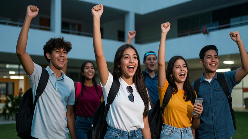 Estudiantes mexicanos celebrando éxito en campus moderno