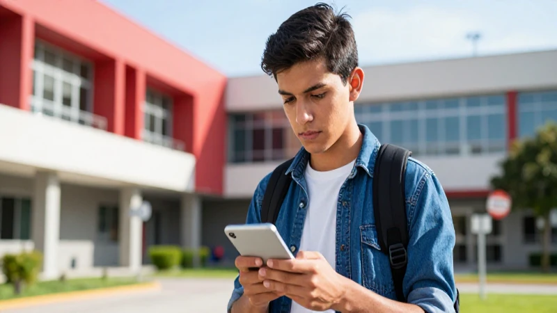 Estudiante mexicano con dispositivo en campus moderno