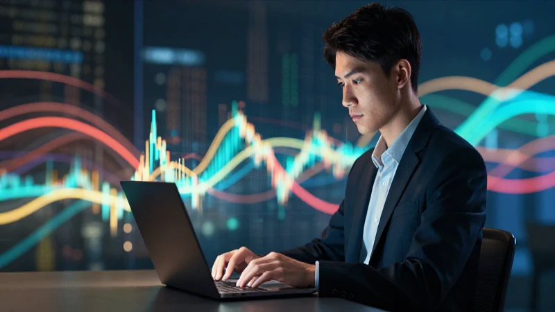 Joven profesional con datos financieros vibrantes