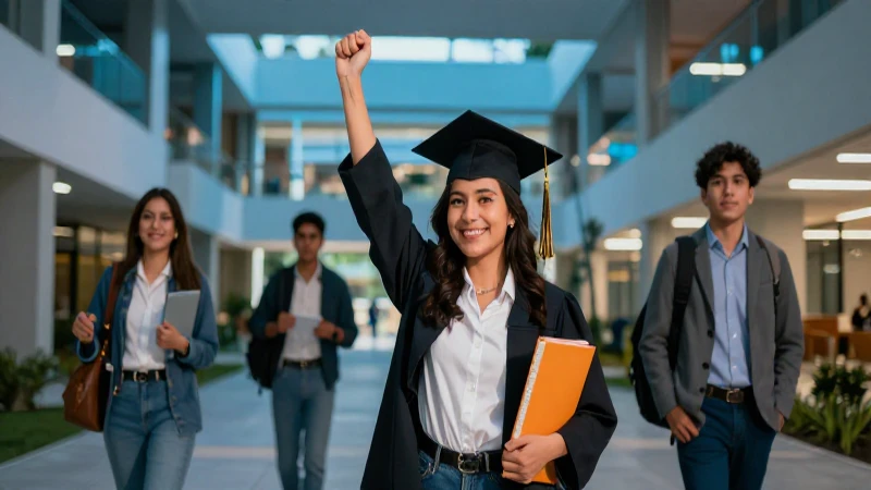 Estudiante mexicano exitoso en campus universitario moderno