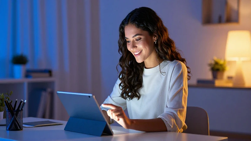 Mujer sonriente con tableta en oficina moderna