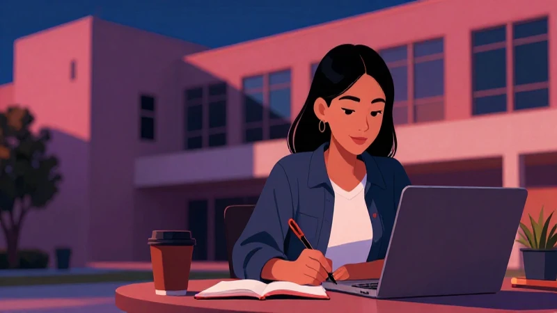 Estudiante mexicana con arquitectura moderna y luz dramática