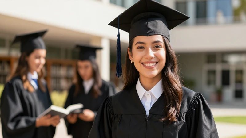 Graduada mexicana sonriente en campus moderno