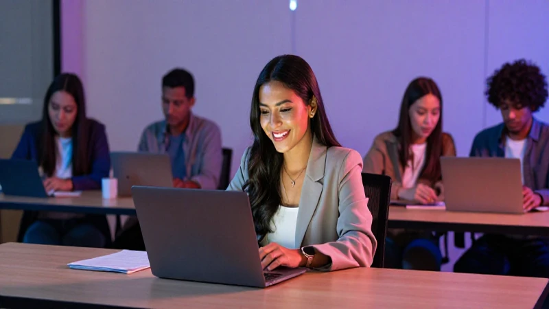 Estudiante mexicana sonriente estudia en entorno académico moderno