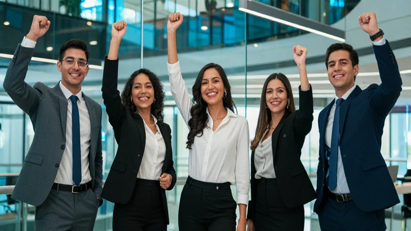 Profesionales jóvenes mexicanos celebrando éxitos en oficina moderna