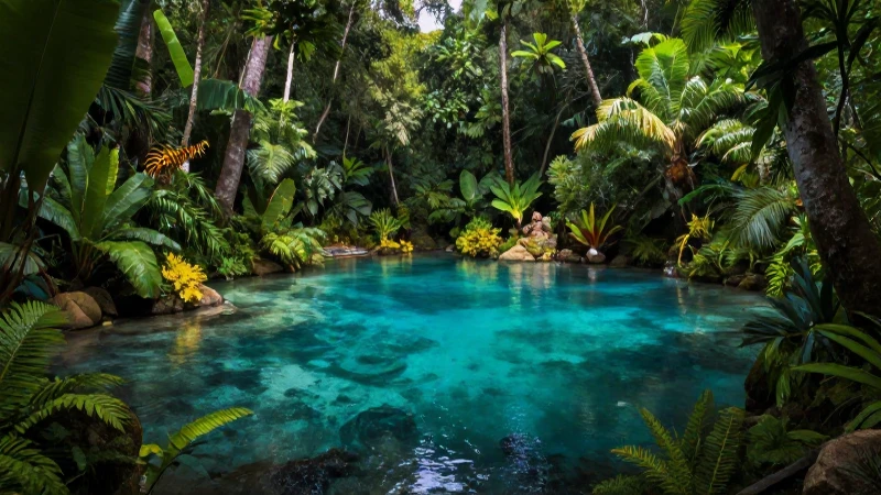 Para paradiso tropical, piscina azul y fauna exótica