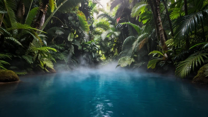 Piscina azul escondida en jungla tropical mística