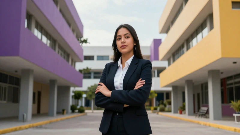 Joven profesional mexicano en campus moderno
