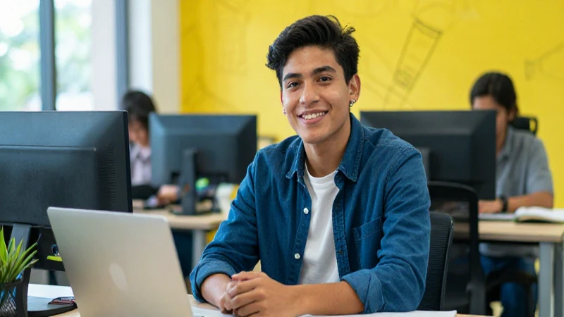 Estudiante exitoso en entorno profesional moderno