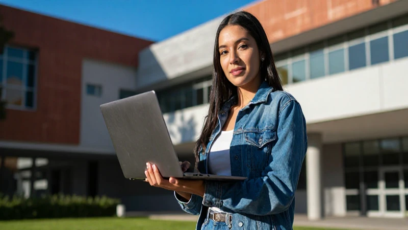 Estudiante mexicano profesional en campus universitario moderno