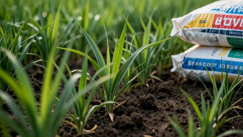 Cosechas verdes, tierra oscura y fertilizante en detalle