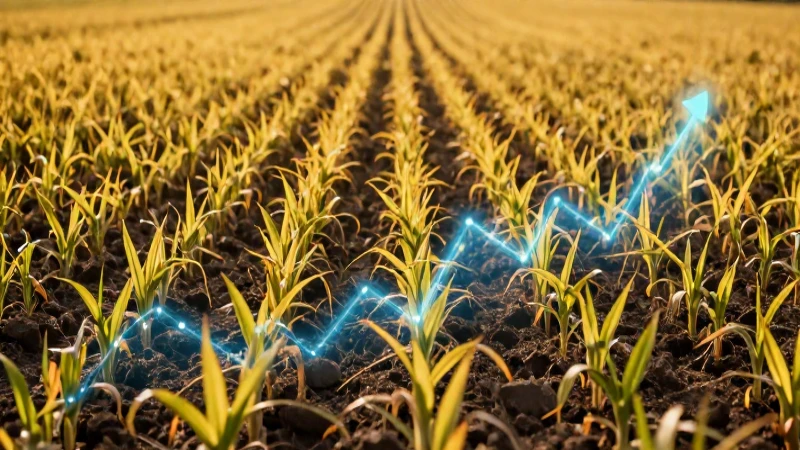 Maíz dorado con datos económicos vibrantes