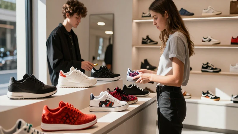 Joven cliente mira zapatillas de lujo en tienda