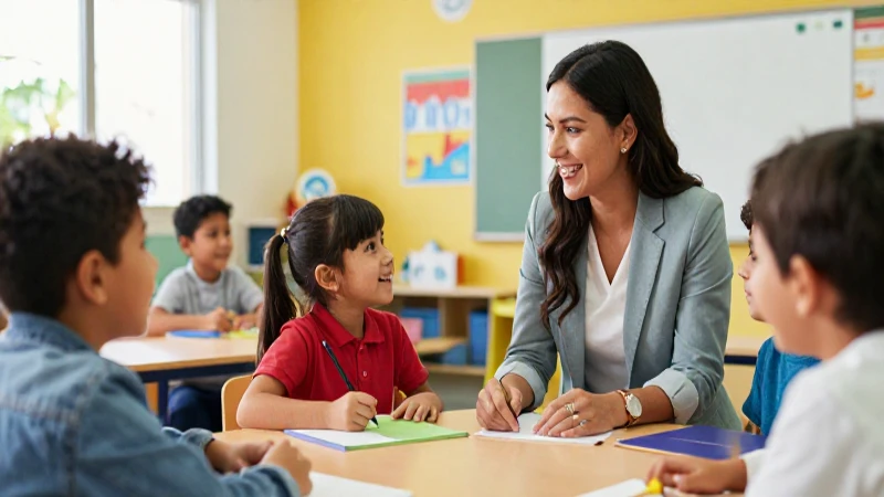 Niños y maestros en aula vibrante y moderna