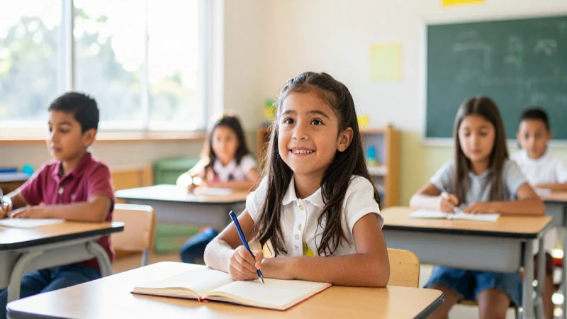 Niña mexicana feliz en un aula vibrante y soleada