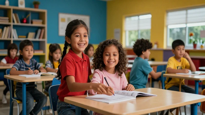 Niños felices en escuela moderna con estética vibrante