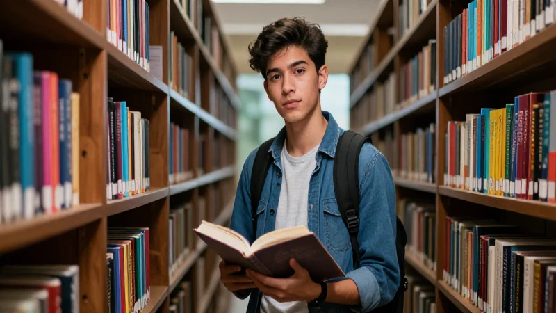 Estudiante mexicano lujoso en biblioteca moderna