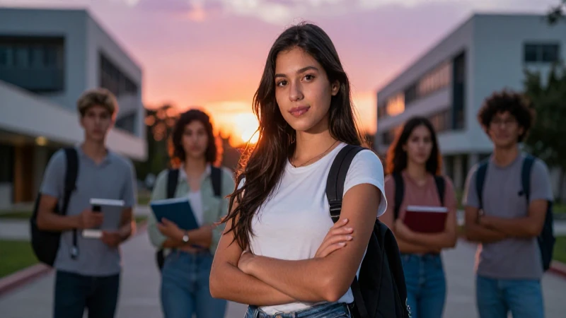 Joven mexicana exitosa en campus vibrante