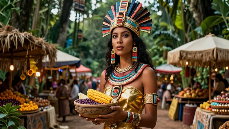 Noble azteca en el mercado, majestuosa y vibrante