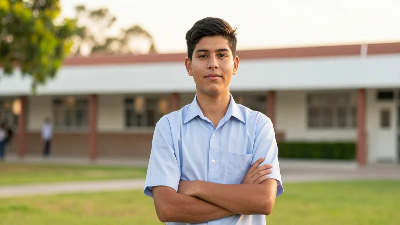 Estudiante mexicano motivado en campus iluminado