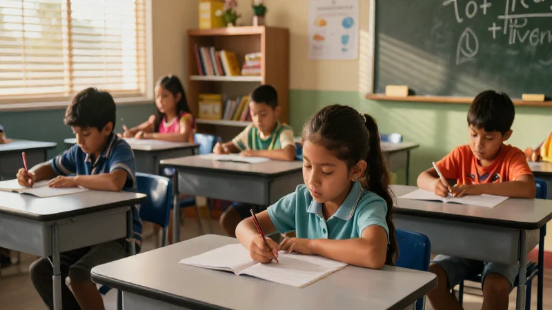 Niños mexicanos en un aula bajo la luz del atardecer