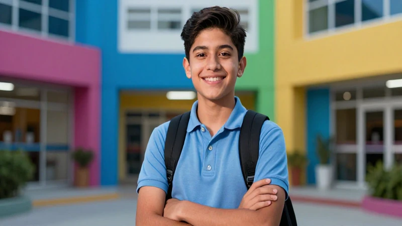 Joven mexicano sonriente en campus educativo moderno