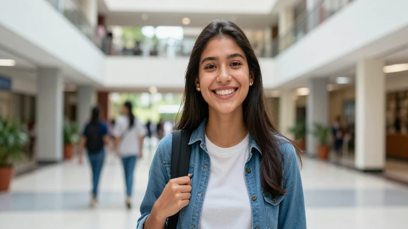 Joven mexicano sonriente en moderno campus universitario