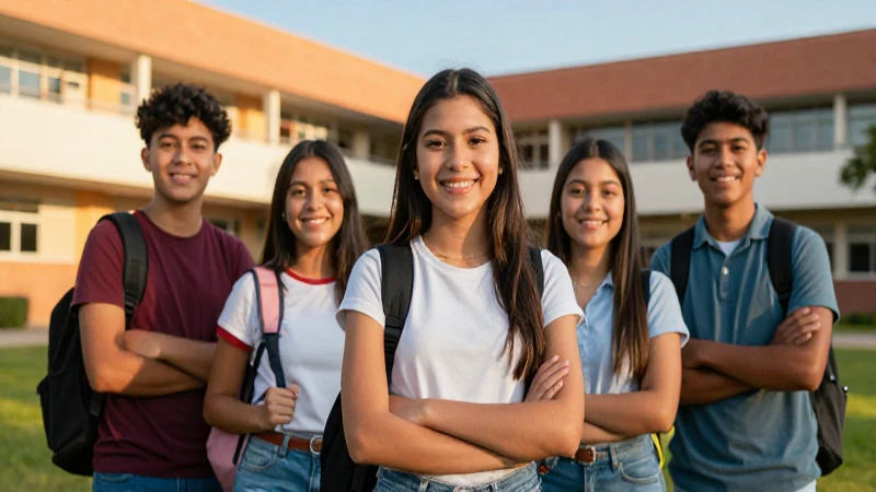 Joven mexicana sonríe con seguridad en campus moderno