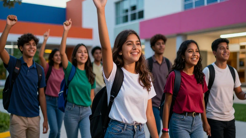 Estudiantes mexicanos felices en campus moderno