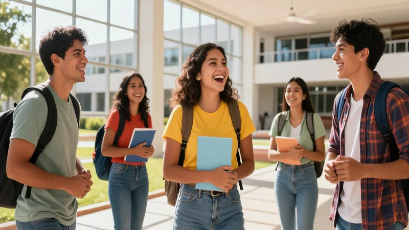 Estudiantes mexicanos felices en campus moderno con luz brillante