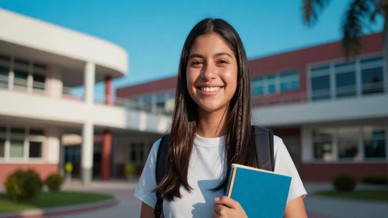 Estudiante mexicano exitoso en campus moderno