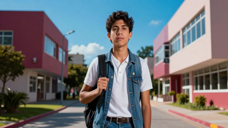 Estudiante mexicano ambicioso en campus universitario moderno