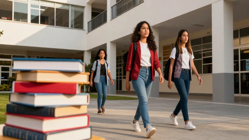 Estudiante mexicano camina por la escuela bajo luz dorada