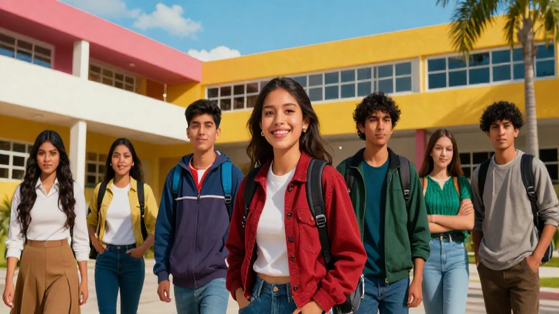 Estudiantes mexicanos en campus escolar ilustrado