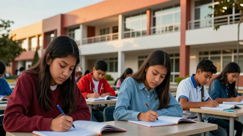 Jóvenes mexicanos estudian en campus moderno al atardecer