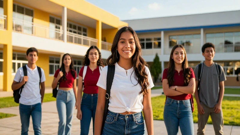 Jóvenes mexicanos sonriendo en campus moderno