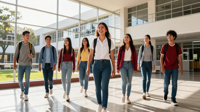 Estudiantes mexicanos alegres en campus moderno