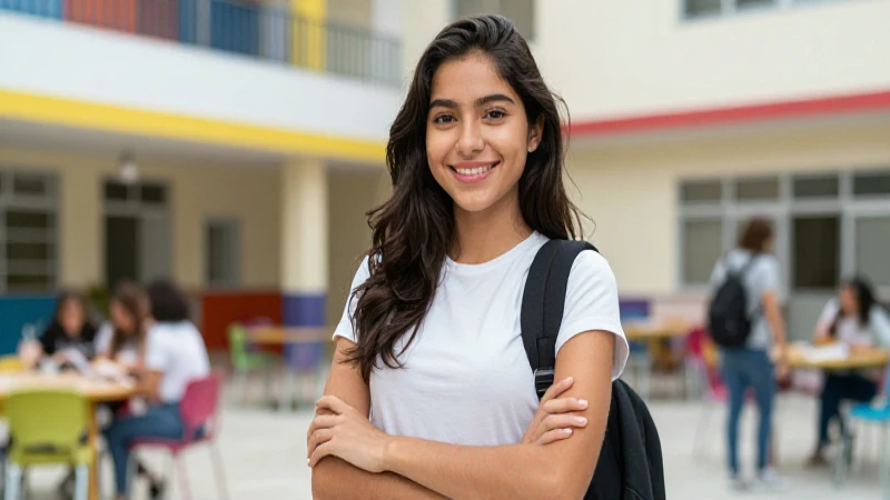 Joven mexicana sonríendo en campus moderno