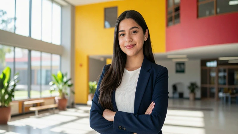 Estudiante mexicano en campus moderno y luminoso