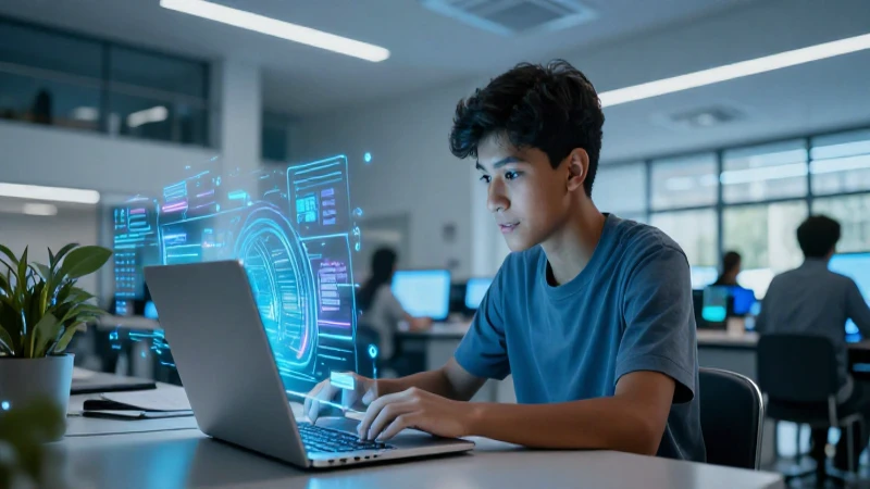 Estudiante mexicano aprendiendo con tecnología avanzada