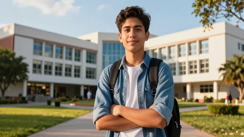 Estudiante mexicano moderno en campus tecnológico brillante