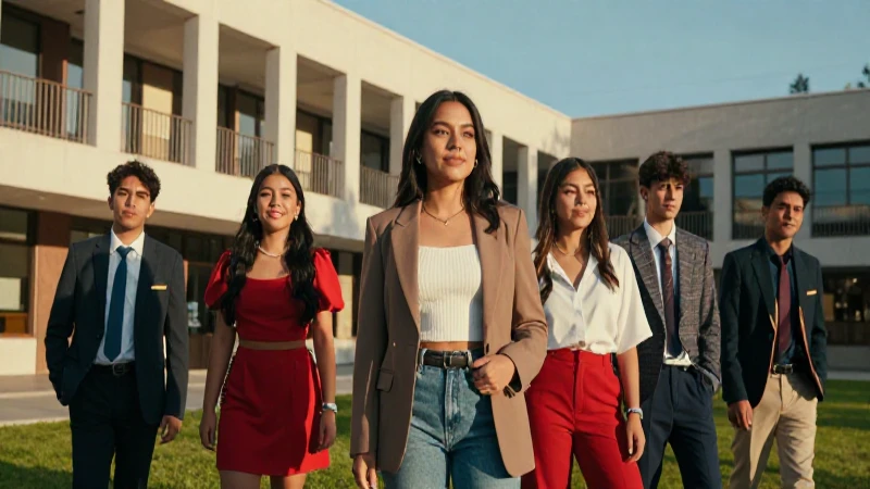 Estudiantes mexicanos brillantes en campus moderno al atardecer