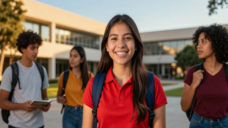 Estudiante mexicano sonríe en campus moderno bajo luz dorada