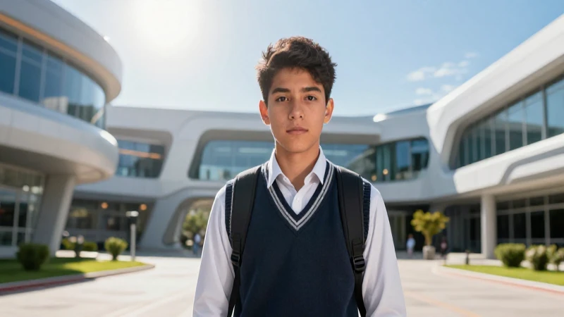 Estudiante mexicano brillante en campus moderno