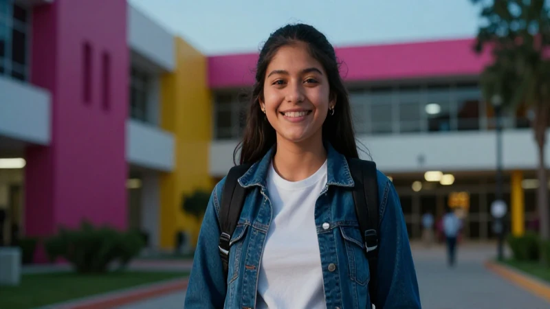 Joven mexicano optimista en campus universitario moderno