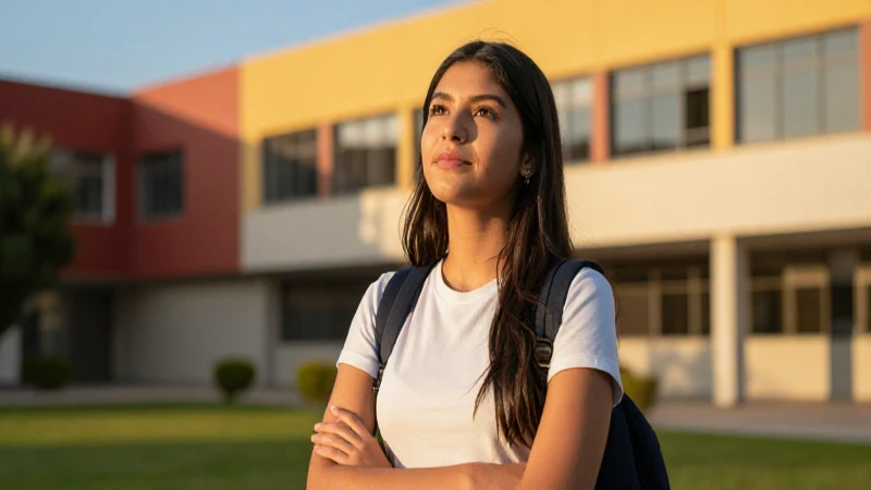 Estudiante mexicano en campus con luz de atardecer