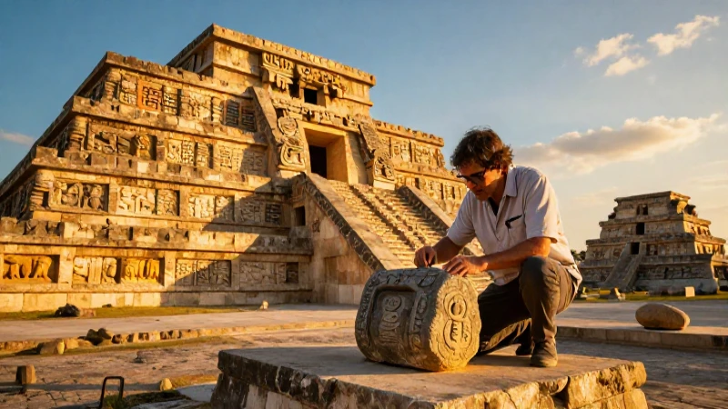 Ruinas aztecas en oro, arqueólogo examina artefactos