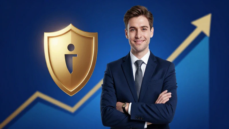 Joven profesional y beneficios financieros en azul y oro